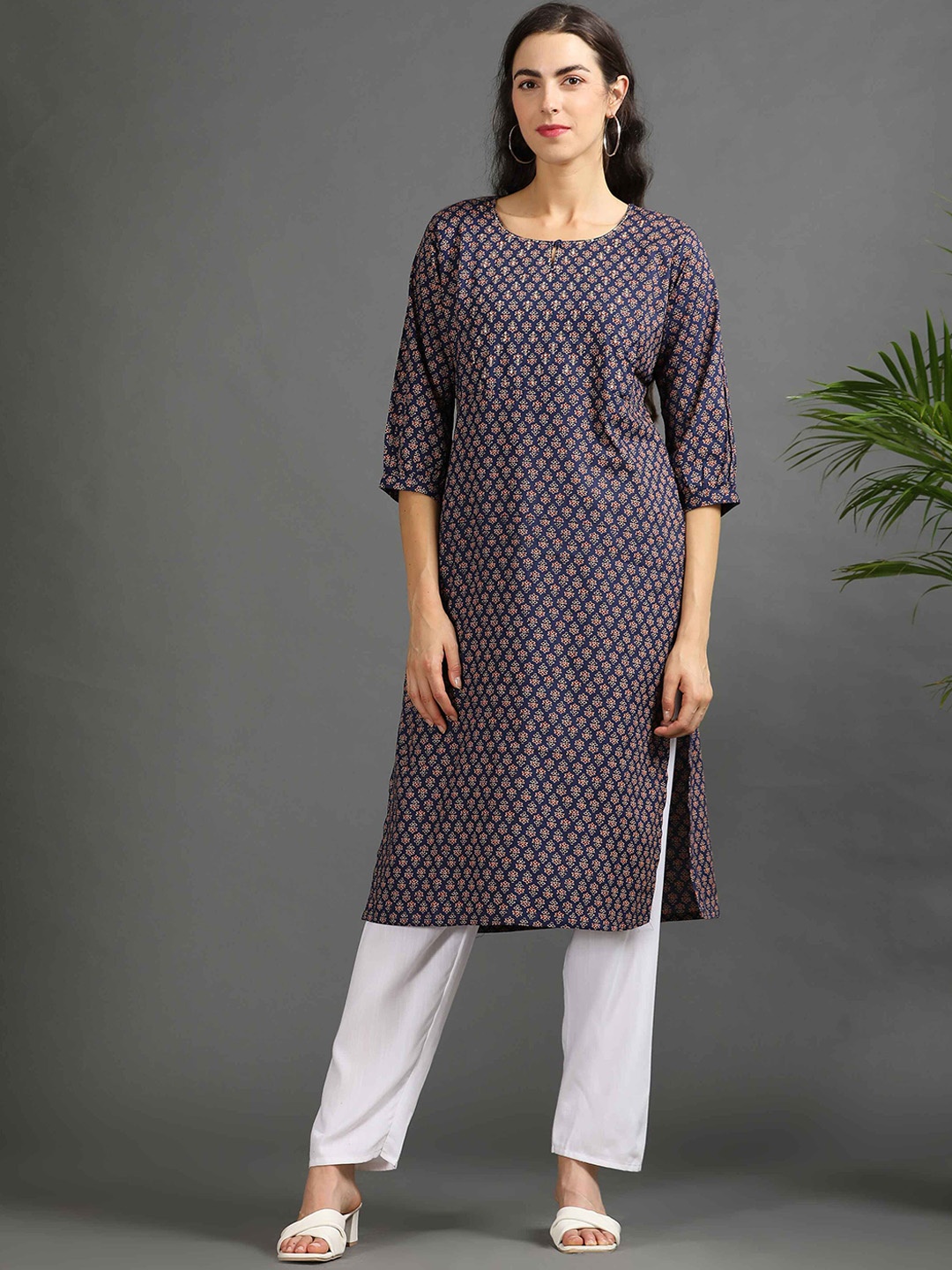 

GOLDSTROMS Floral Printed Cotton Maternity Straight Kurta, Navy blue
