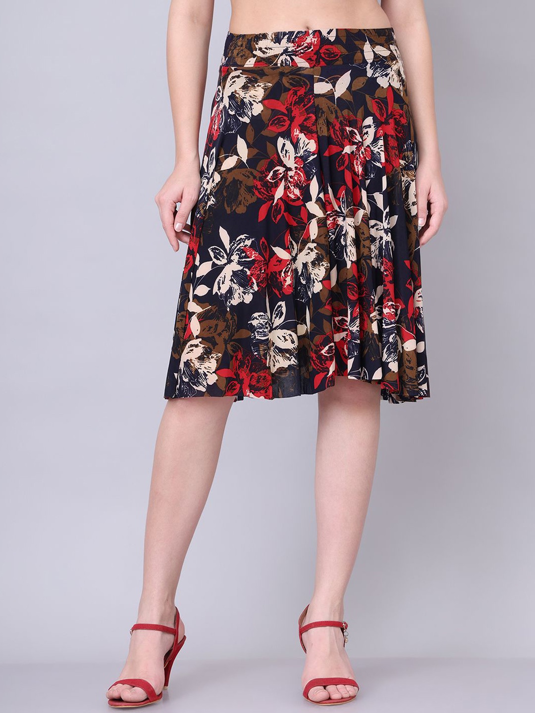 

GRACIT Floral Printed Flared Skirts, Red