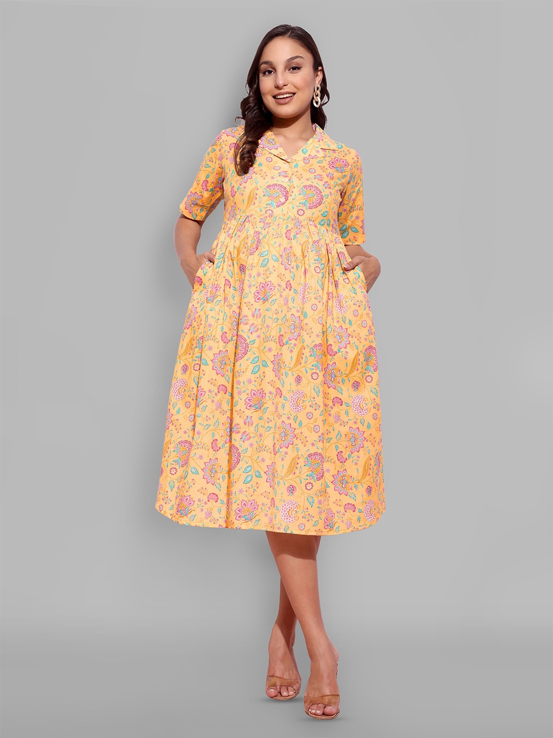 

CHARISMOMIC Women Floral Printed Cotton Shirt Collar Maternity Fit & Flare Midi Dress, Yellow
