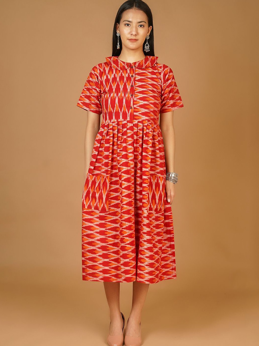 

INDOPHILIA Women Abstract Printed Fit and Flare Midi Dress, Red