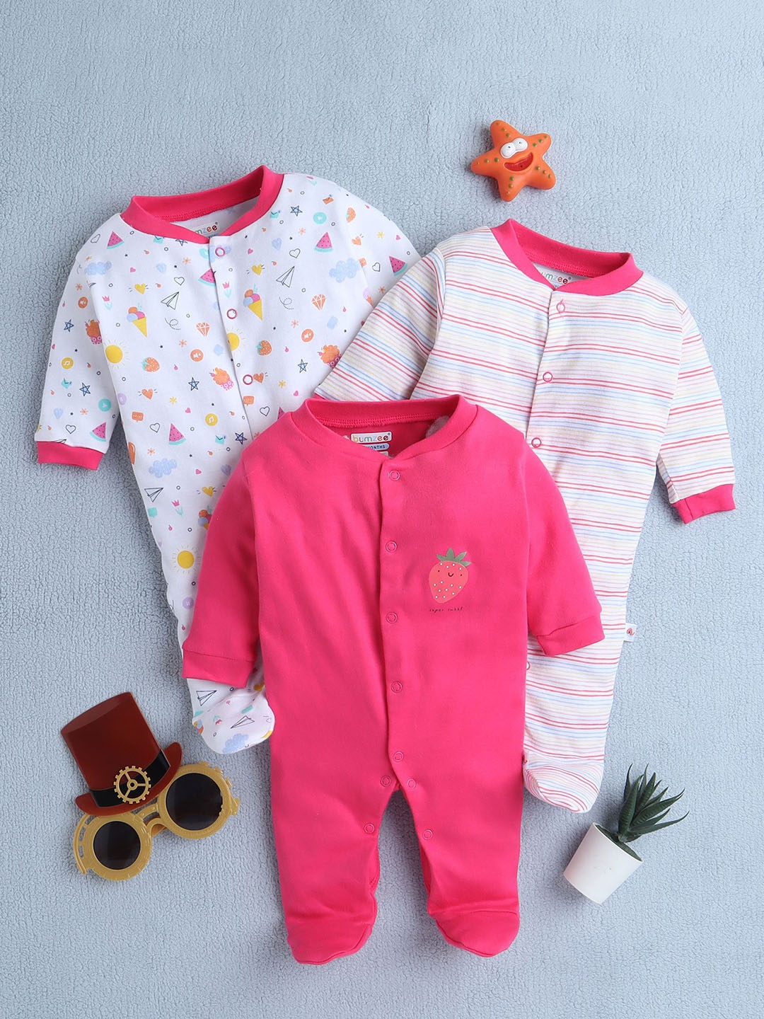 

BUMZEE Girls Pack of 3 Cotton Printed Rompers, Pink