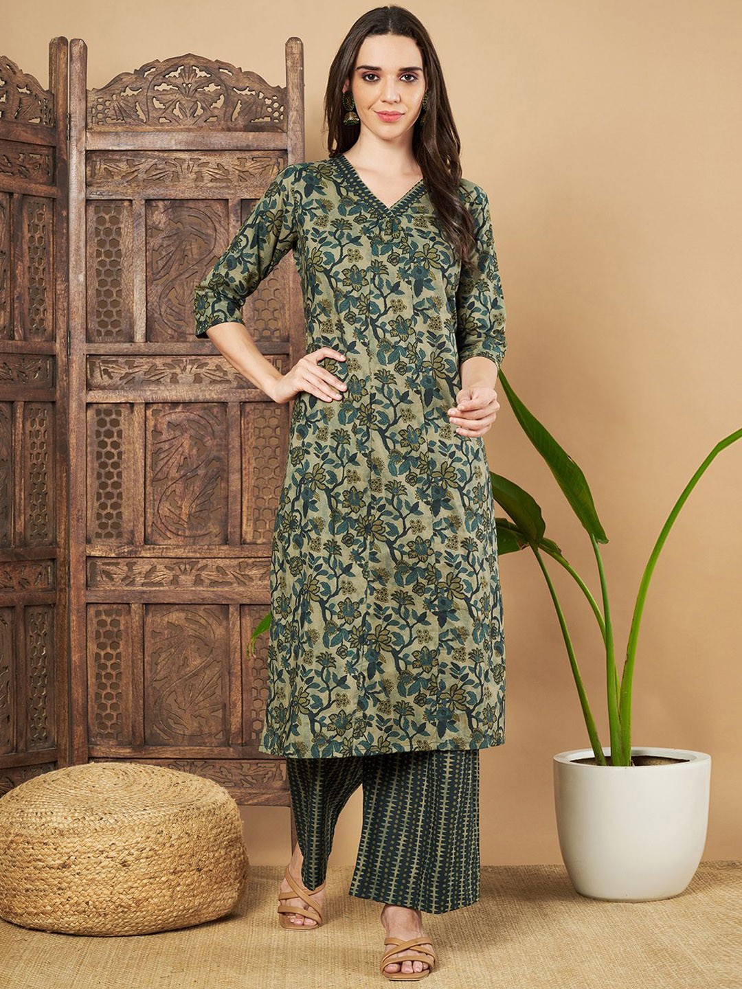 

KALINI Floral Printed Beads and Stones Pure Cotton Straight Kurta with Palazzos, Olive