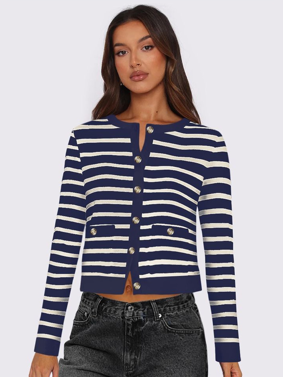 

LULU & SKY Women Round Neck Long Sleeves Striped Cardigan, Navy blue