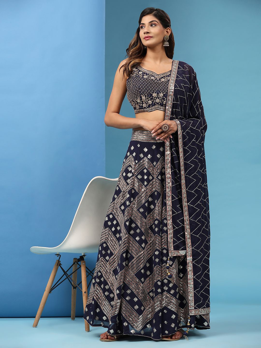 

VANAKARA Embellished Sequinned Ready to Wear Lehenga & Blouse With Dupatta, Navy blue