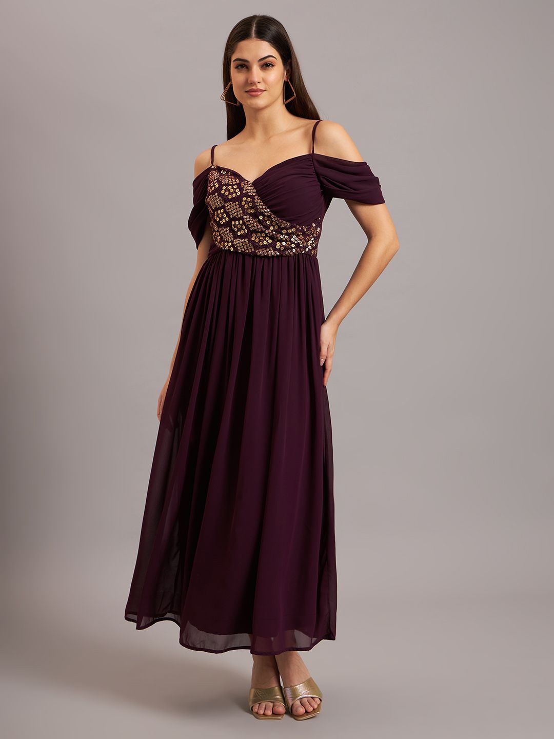 

Eavan Women Embellished Gathered or Pleated Fit & Flare Maxi Dress, Purple
