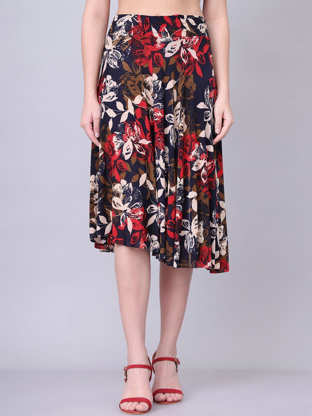 

GRACIT Women Floral Printed Flared Midi Skirt, Red