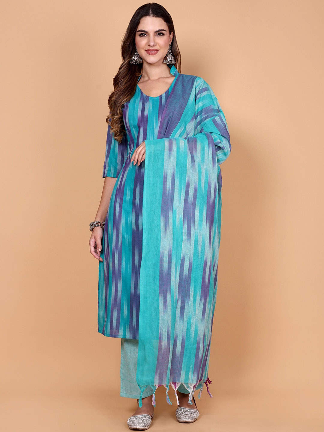 

Vastara the Label Striped Printed Kurta with Trouser & Dupatta, Turquoise blue