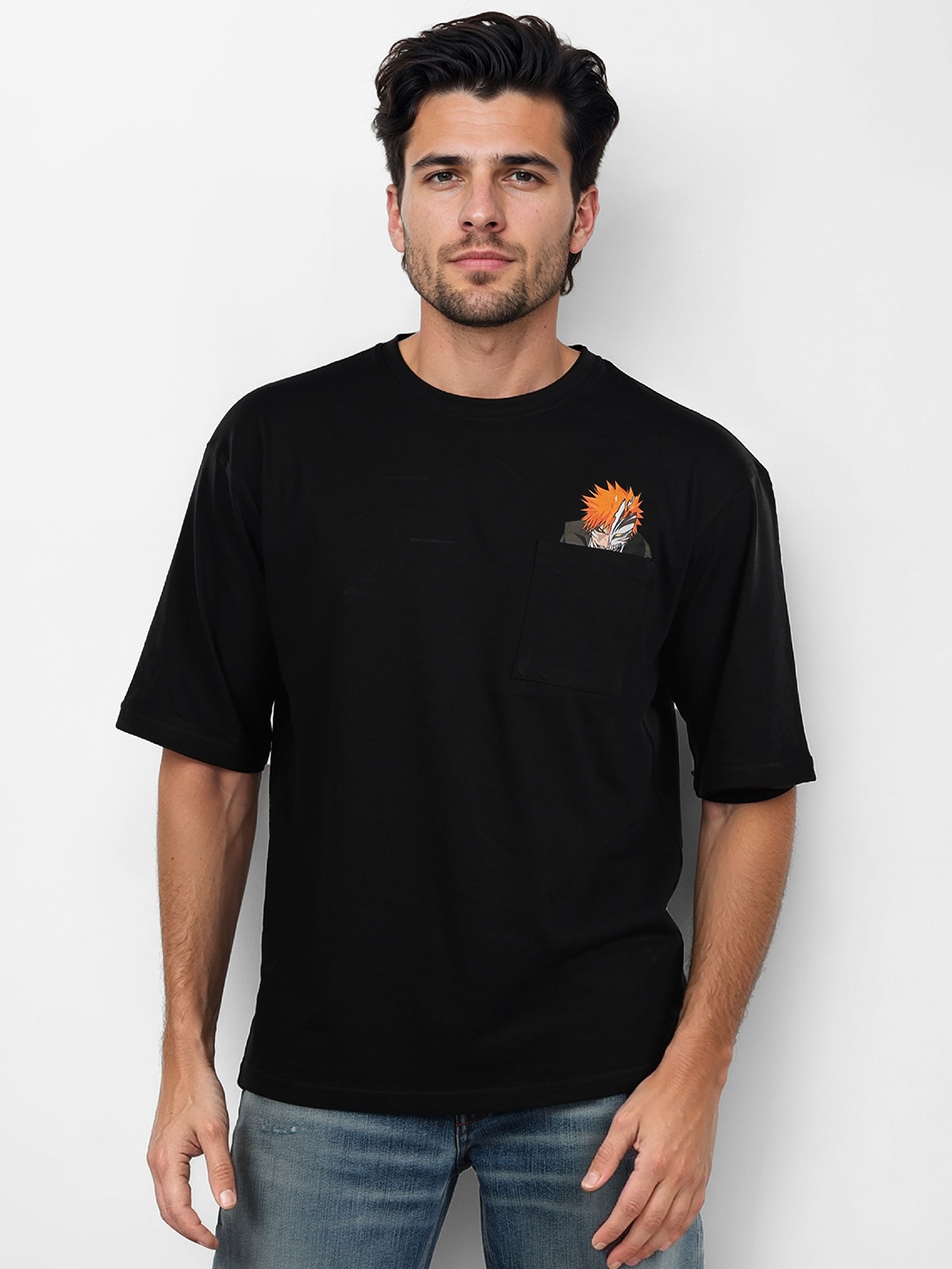 

Celio Men Graphic Printed Round Neck Cotton Oversized T-shirt, Black