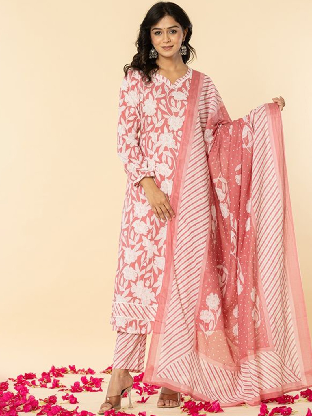 

Haute and Humble Floral Printed Regular Pure Cotton Anarkali Kurta & Trouser With Dupatta, Pink