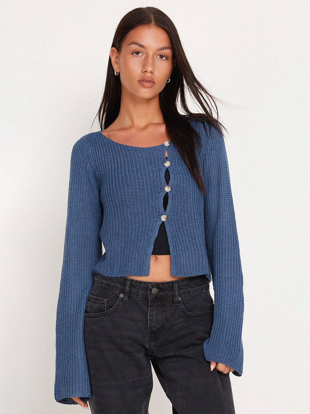 

LULU & SKY Bell Sleeve Button-detail Cotton Crop Top, Blue