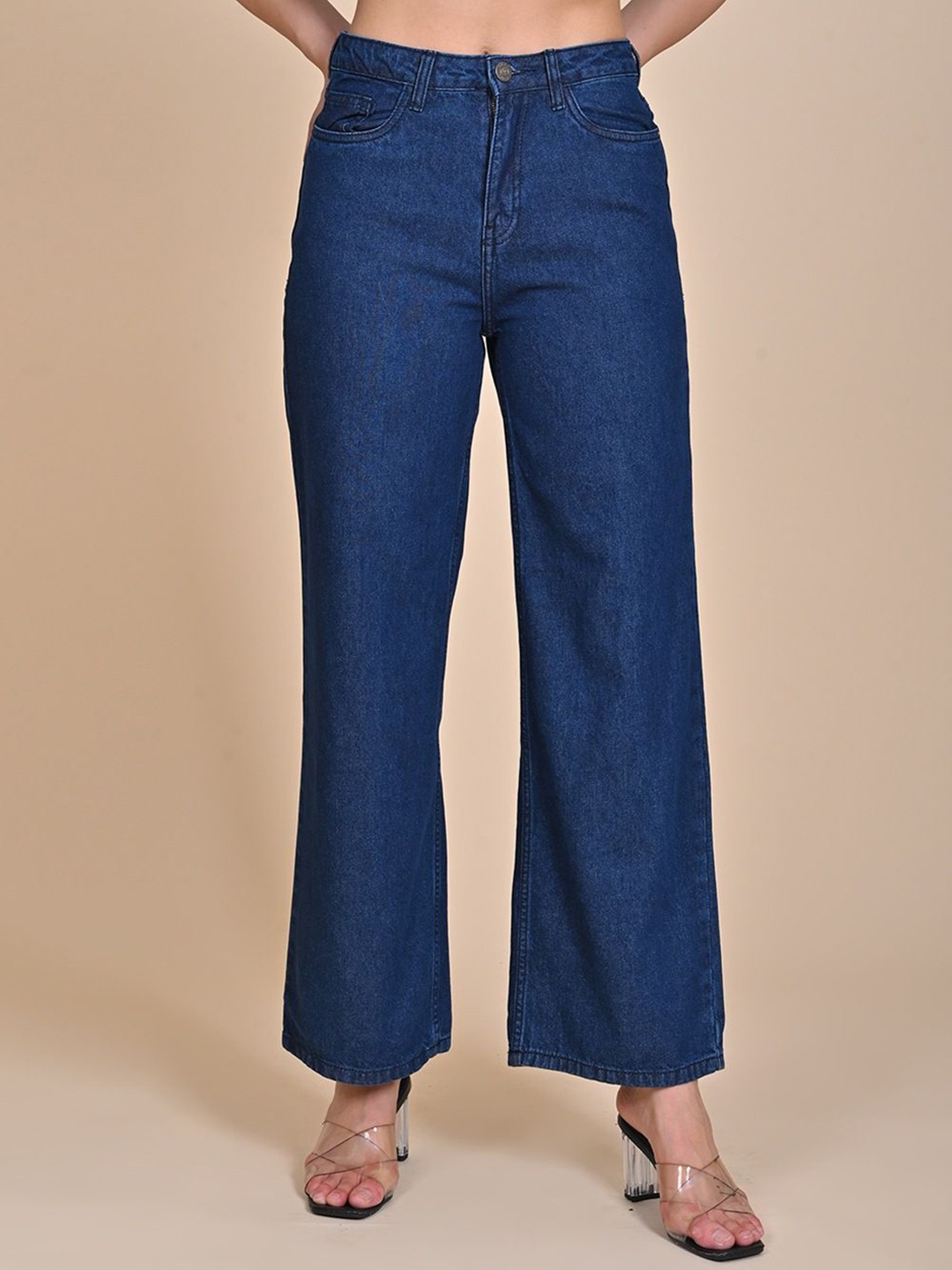

URBAN POCHE Women Wide Leg High-Rise Cotton Jeans, Blue