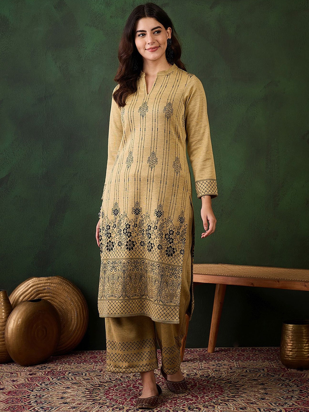 

Sangria Floral Woven Design Straight Winter Kurta & Trousers, Beige