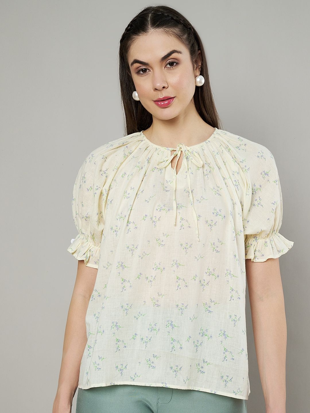 

Amagyaa Women Floral Printed Puff Sleeve Cotton Top, Off white