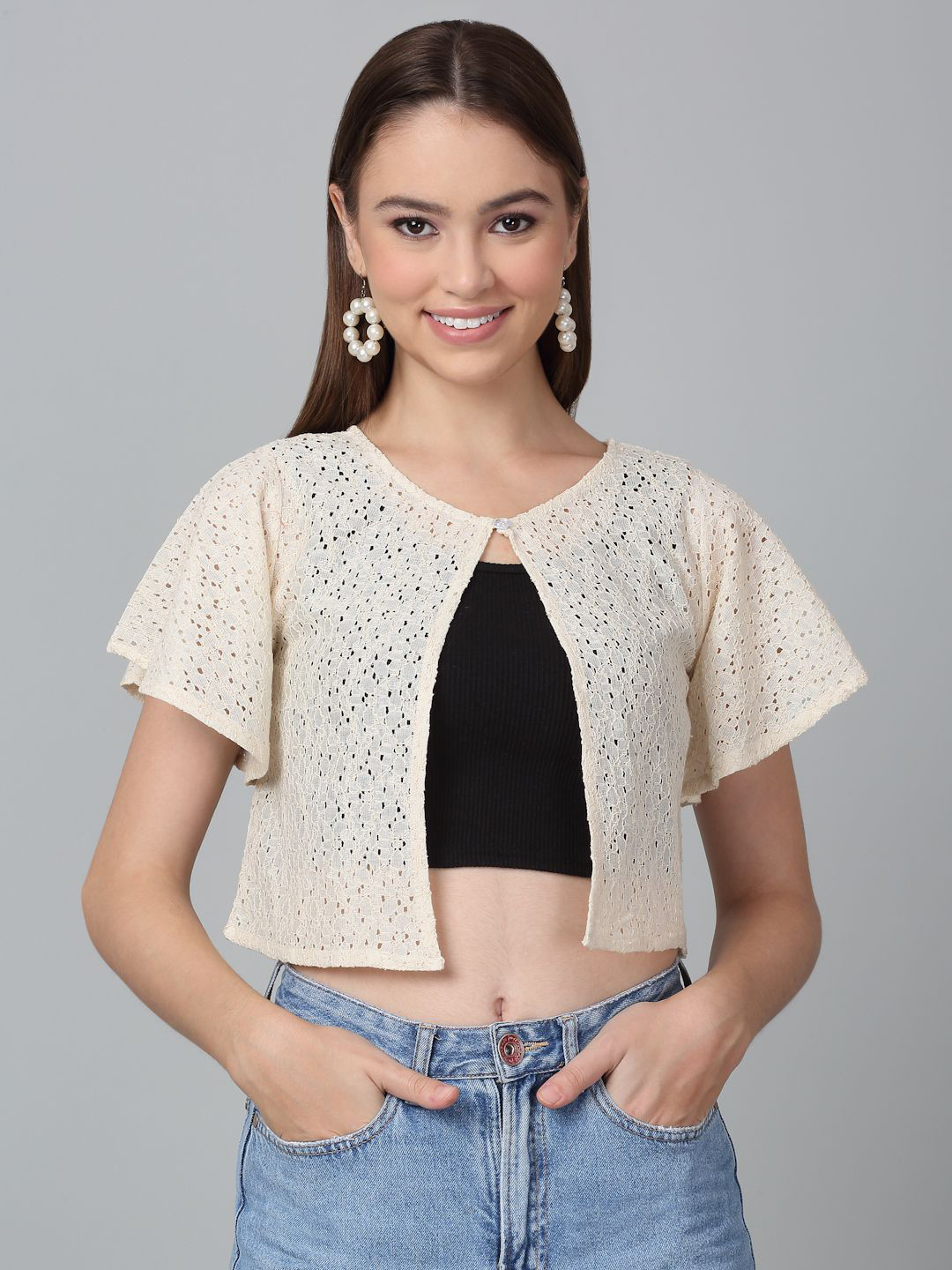 

Dressitude Self Design Button Closure Cotton Crop Shrug, Cream