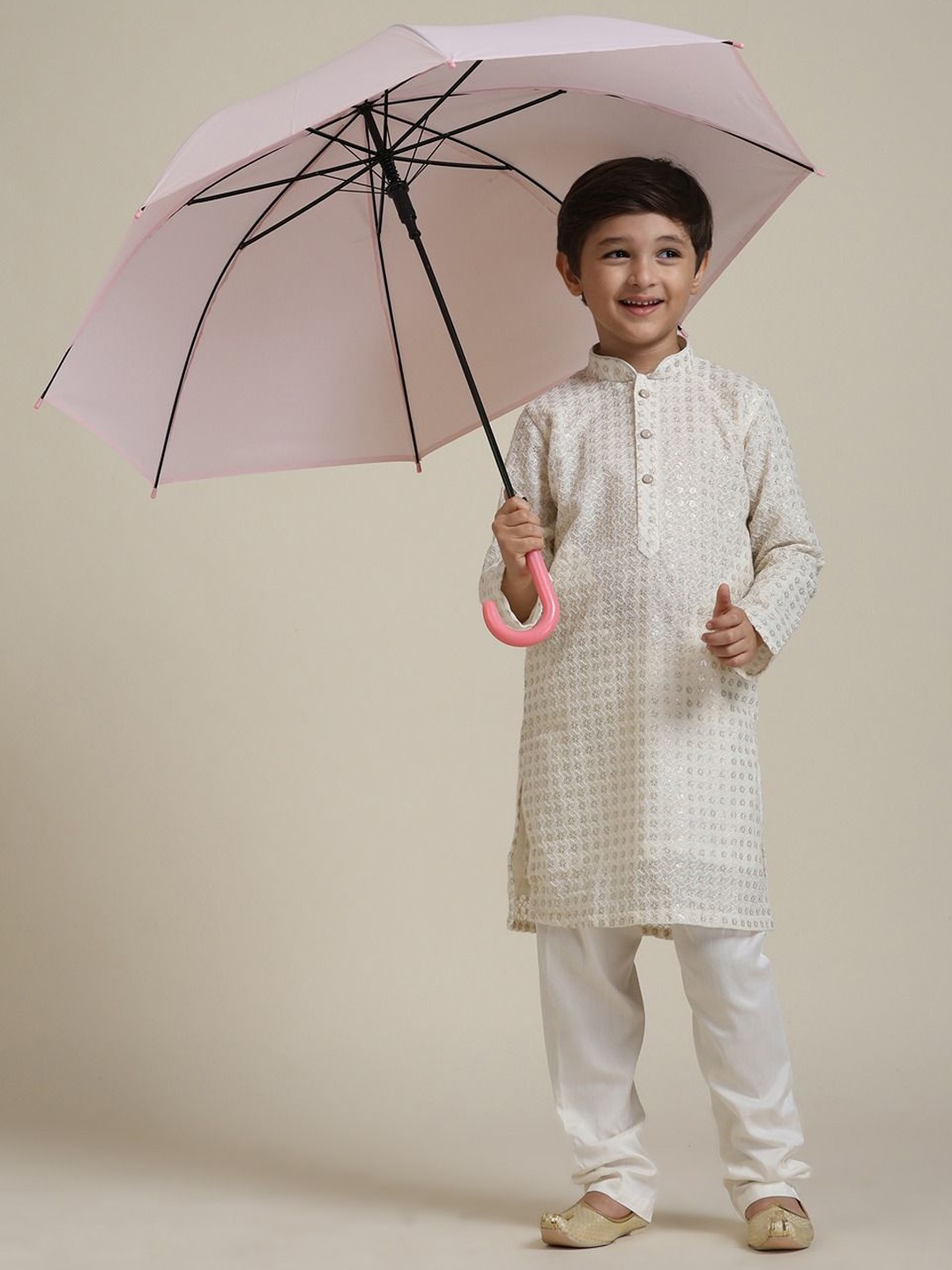 

Manyavar Boys Embroidered Regular Georgette Straight Kurta with Pyjamas, Cream