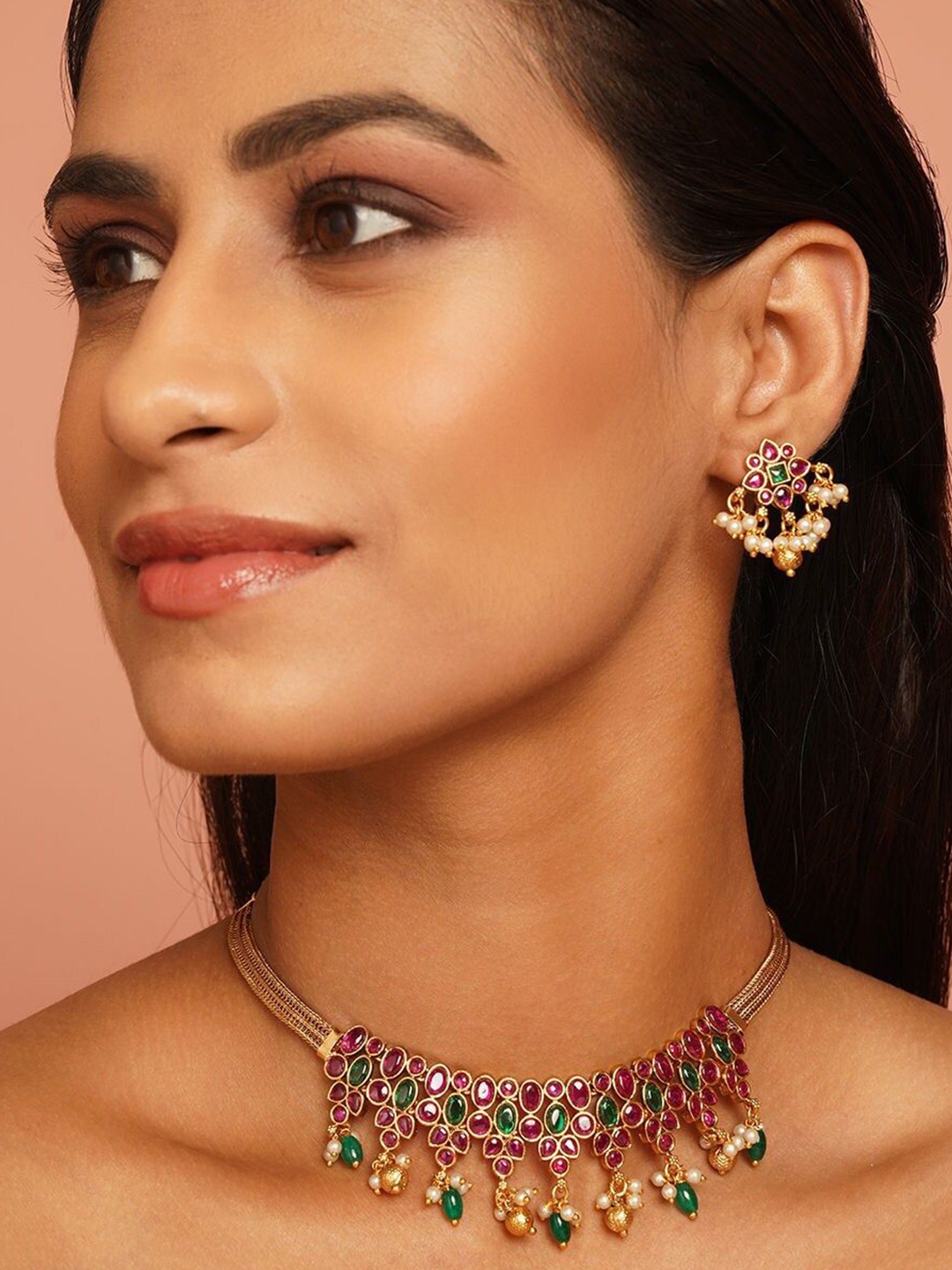 

JAYPORE Gold-Plated Stone Studded Necklace and Earrings