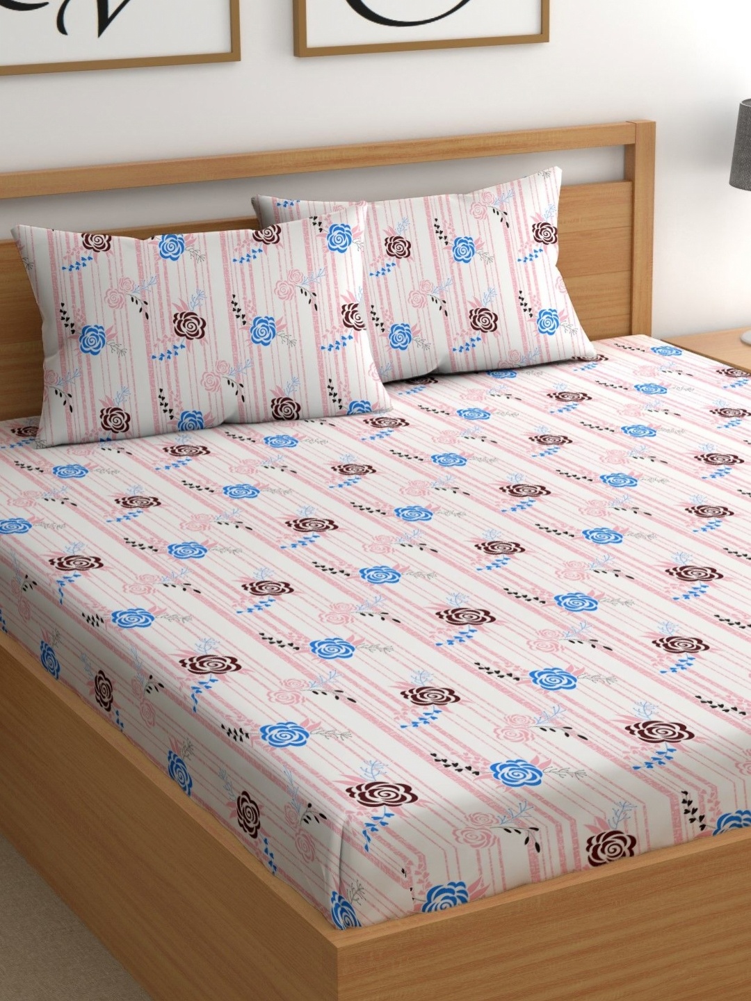 

CHHAVI INDIA Pink & Blue Floral Microfiber 210 TC Queen Bedsheet Set 2.25 m X 2.50 m