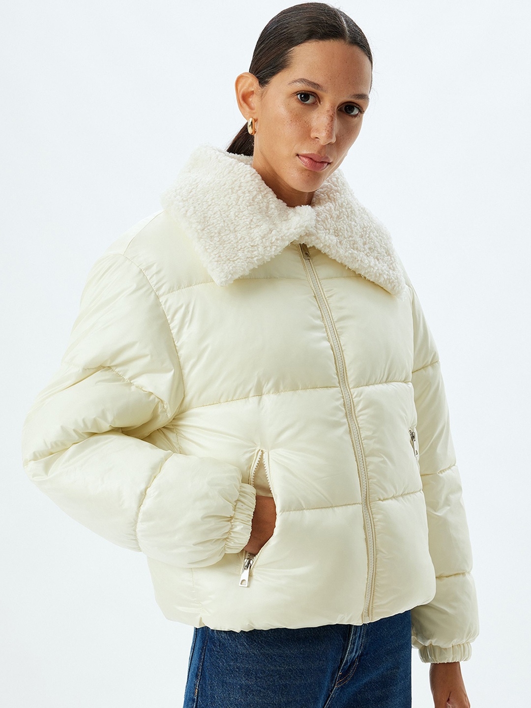 

Koton Women Spread Collar Solid Casual Padded Jacket, Cream