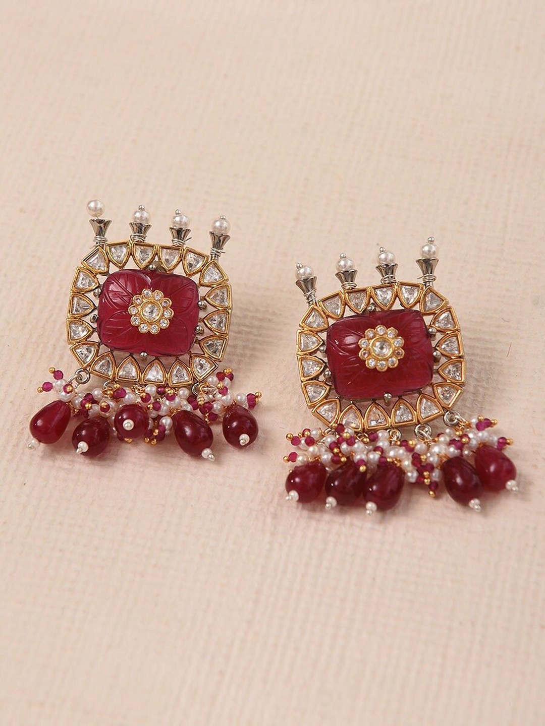 

JAYPORE Artificial Stones Studded Contemporary Drop Earrings, Gold