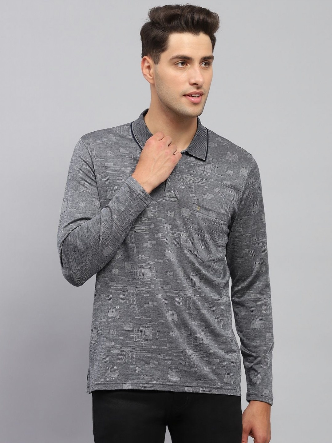 

Monte Carlo Men Self Design Polo Collar Cotton T-shirt, Grey
