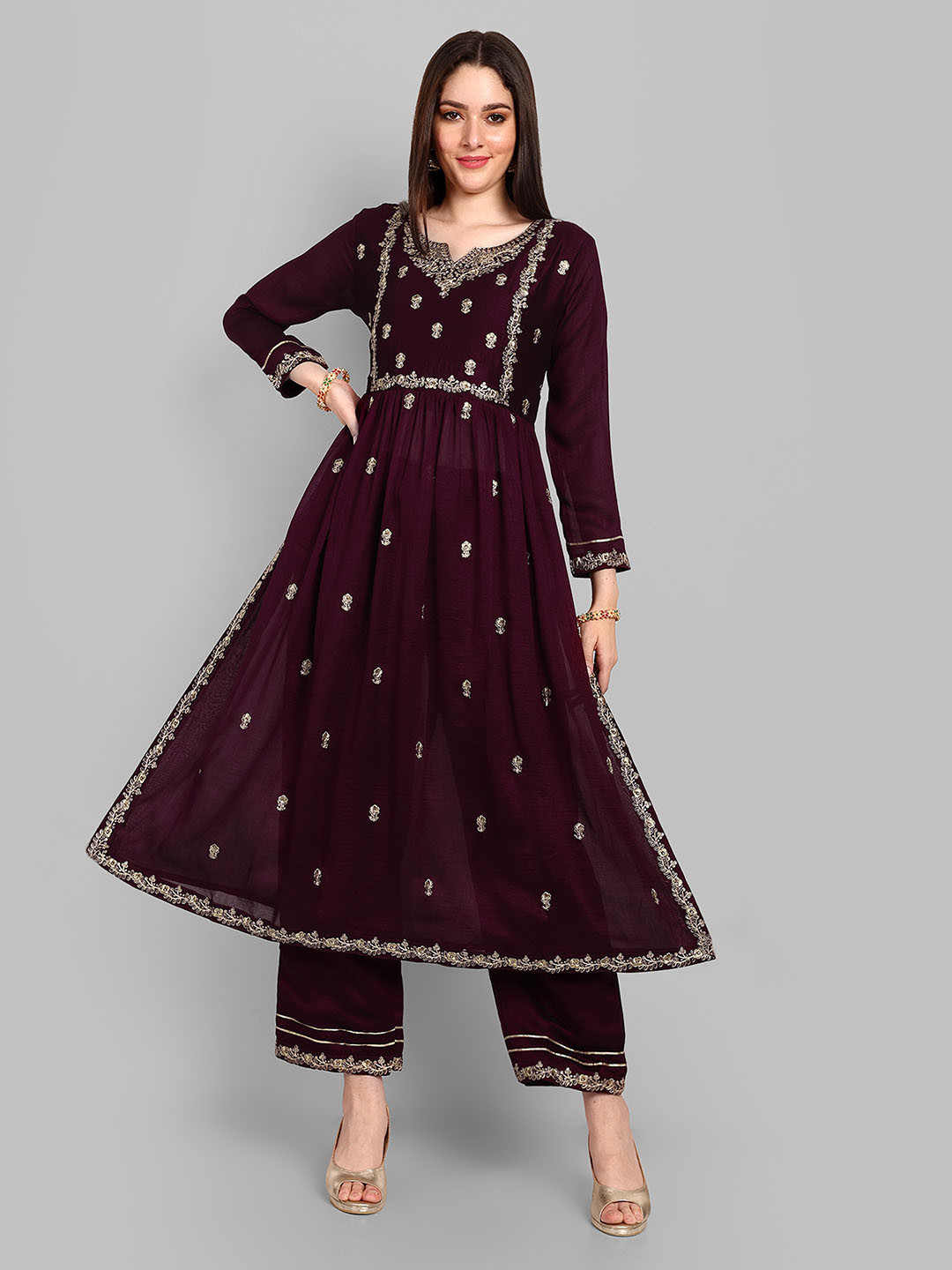 

NIJANAND TEXTILE Floral Embroidered Zari A Line Kurta with Salwar, Burgundy