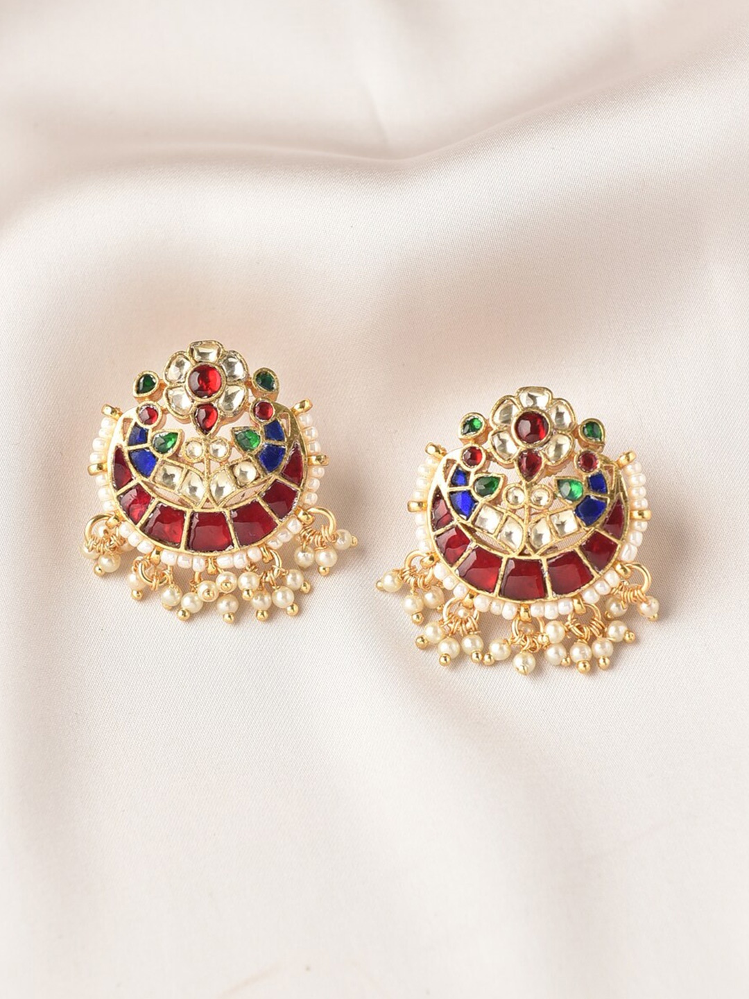 

JAYPORE Stone Studded Contemporary Enamelled Drop Earrings, Gold