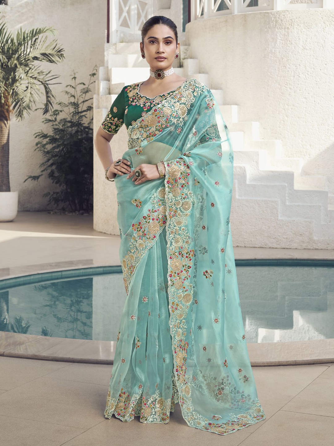 

ODETTE Embroidered Poly Georgette Saree, Sea green
