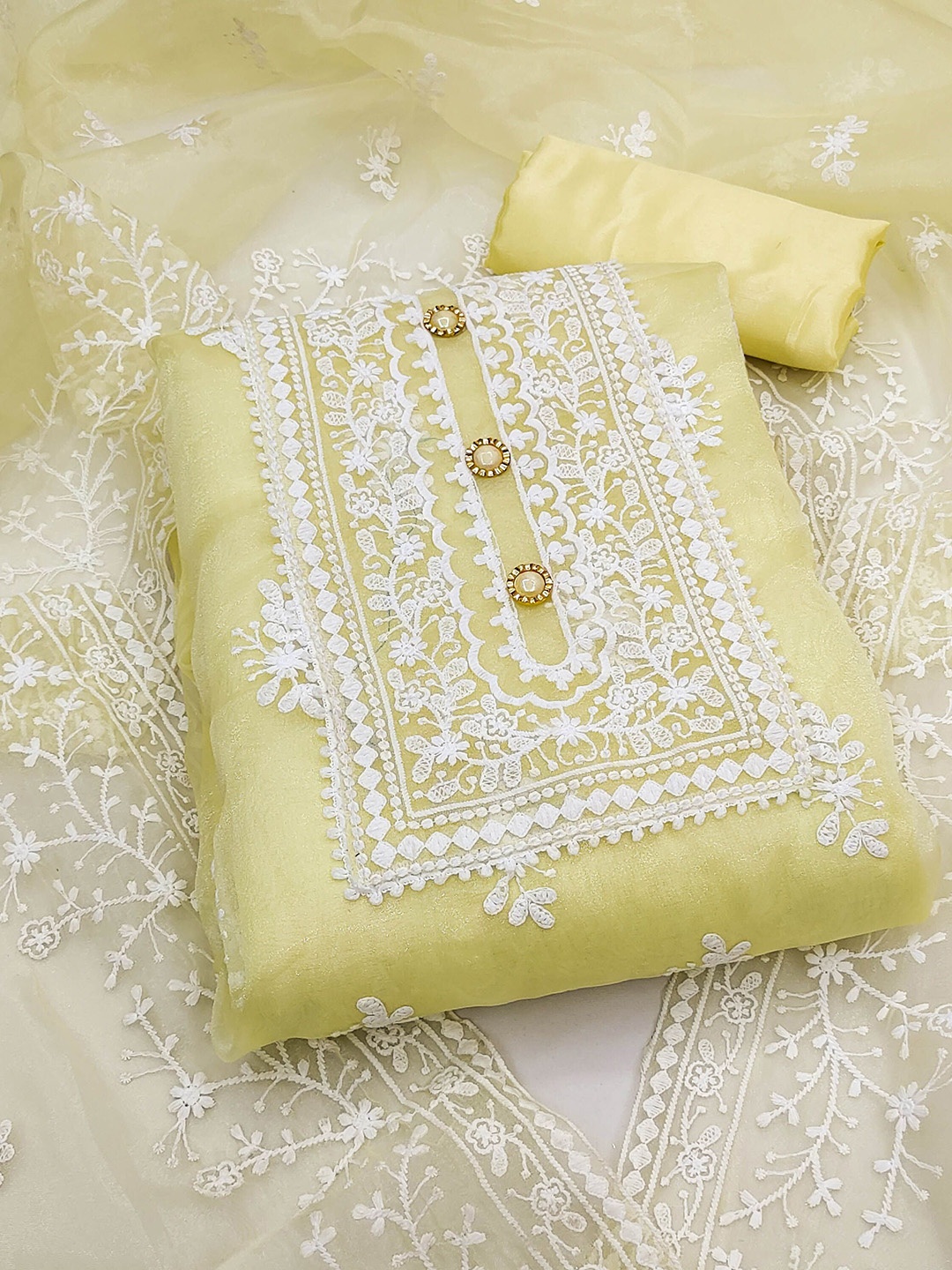 

Maroosh Floral Embroidered Organza Unstitched Dress Material, Yellow