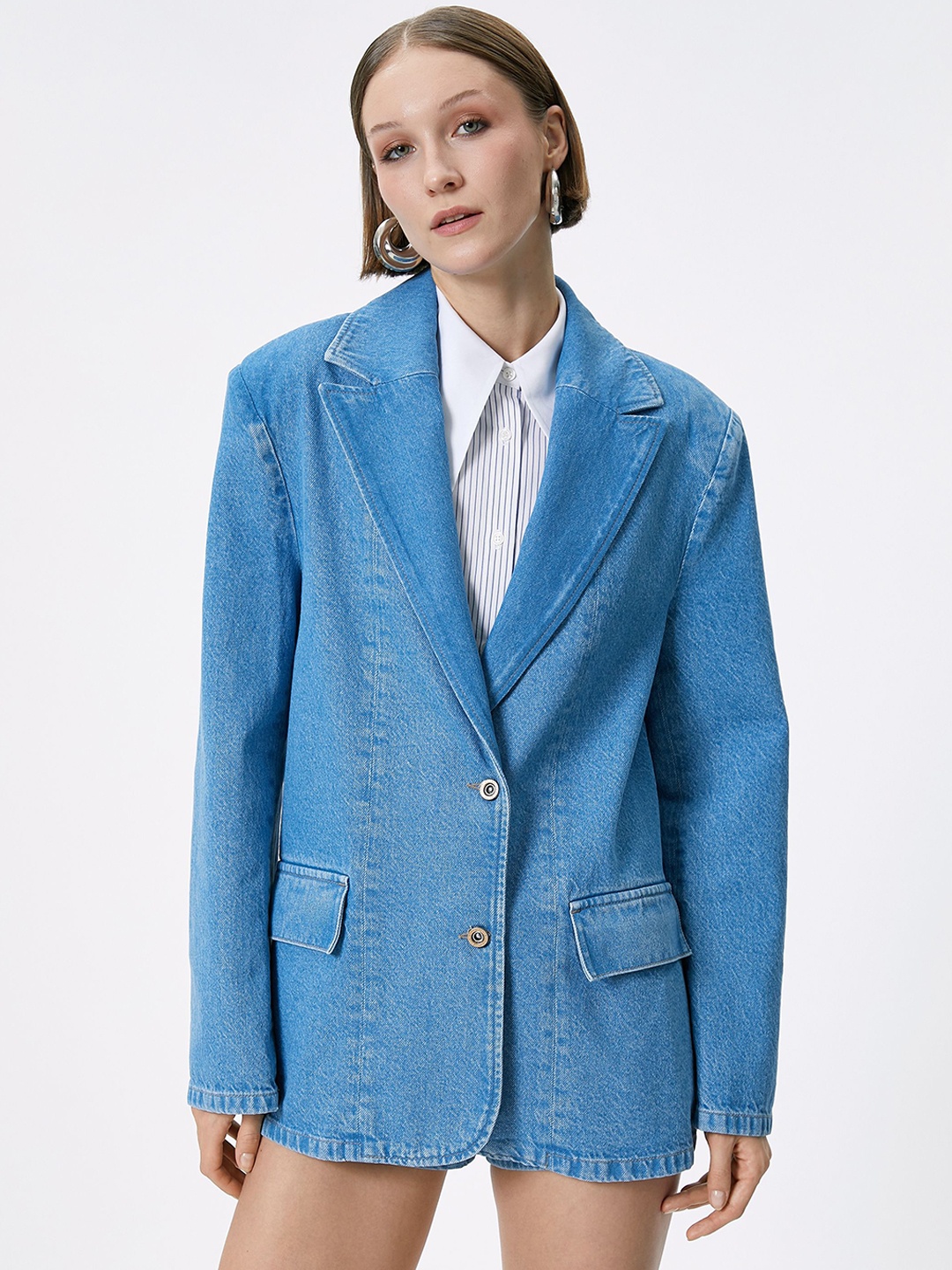 

Koton Women Lapel Collar Solid Cotton Casual Tailored Jacket, Turquoise blue