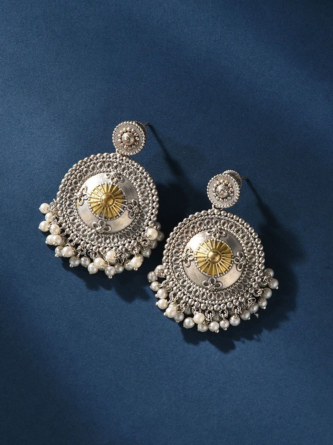 

JAYPORE Silver-Plated Oxidised Contemporary Drop Earrings