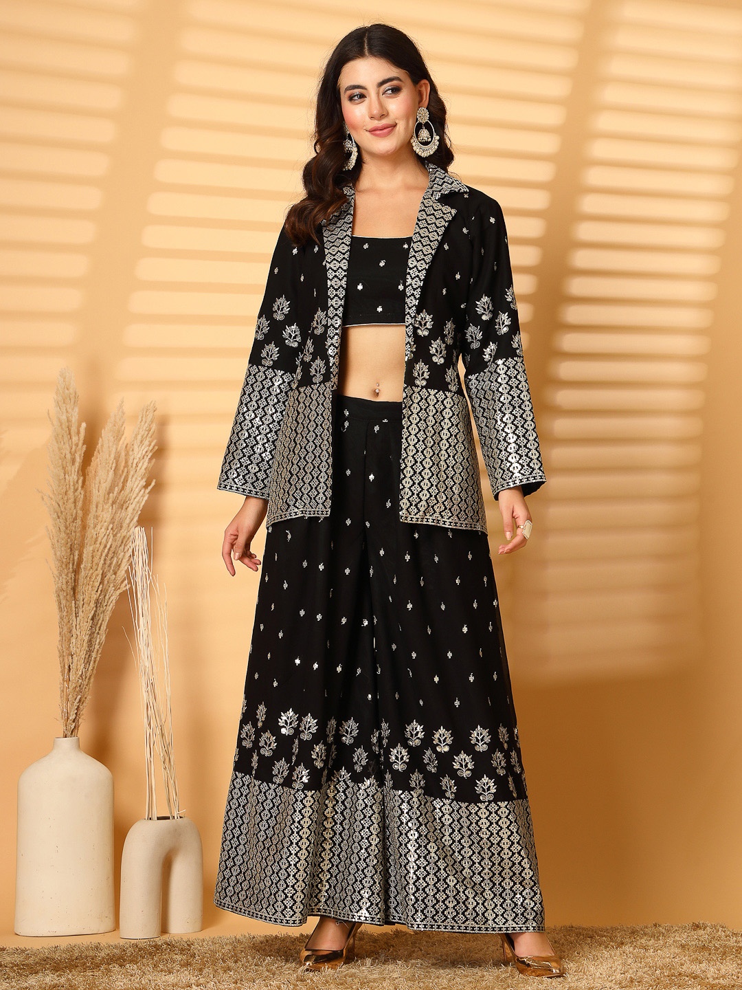 

Clora Creation Ethnic Motifs Embroidered Regular Sequinned Silk Georgette Top with Sharara, Black