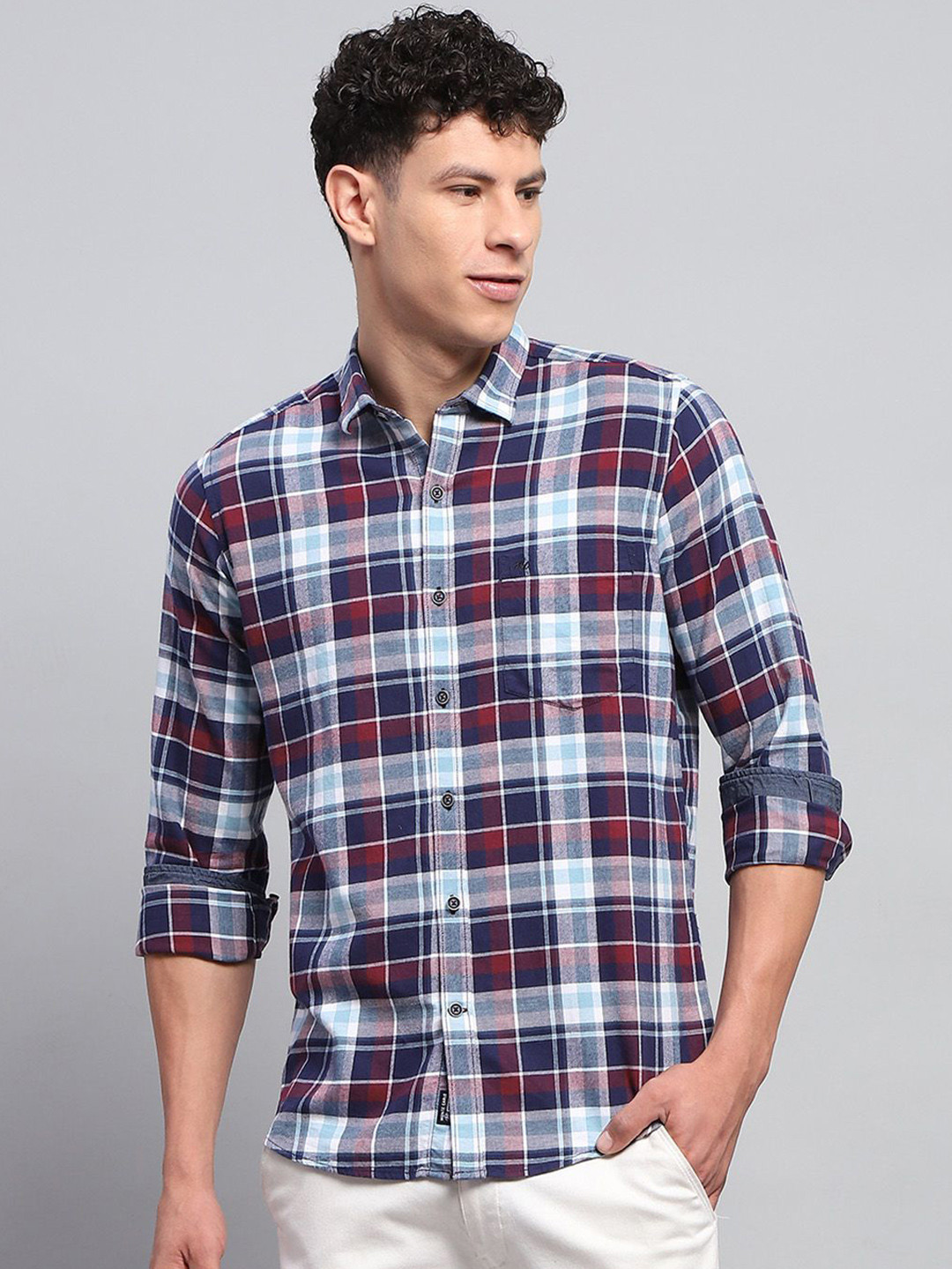 

Monte Carlo Men Spread Collar Tartan Checked Cotton Casual Shirt, Blue