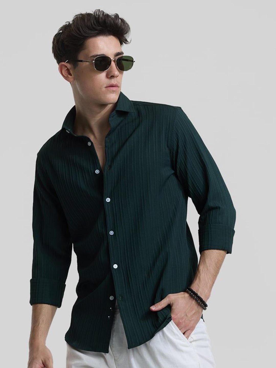 

Snitch Men Smart Spread Collar Vertical Striped Slim Fit Casual Shirt, Black