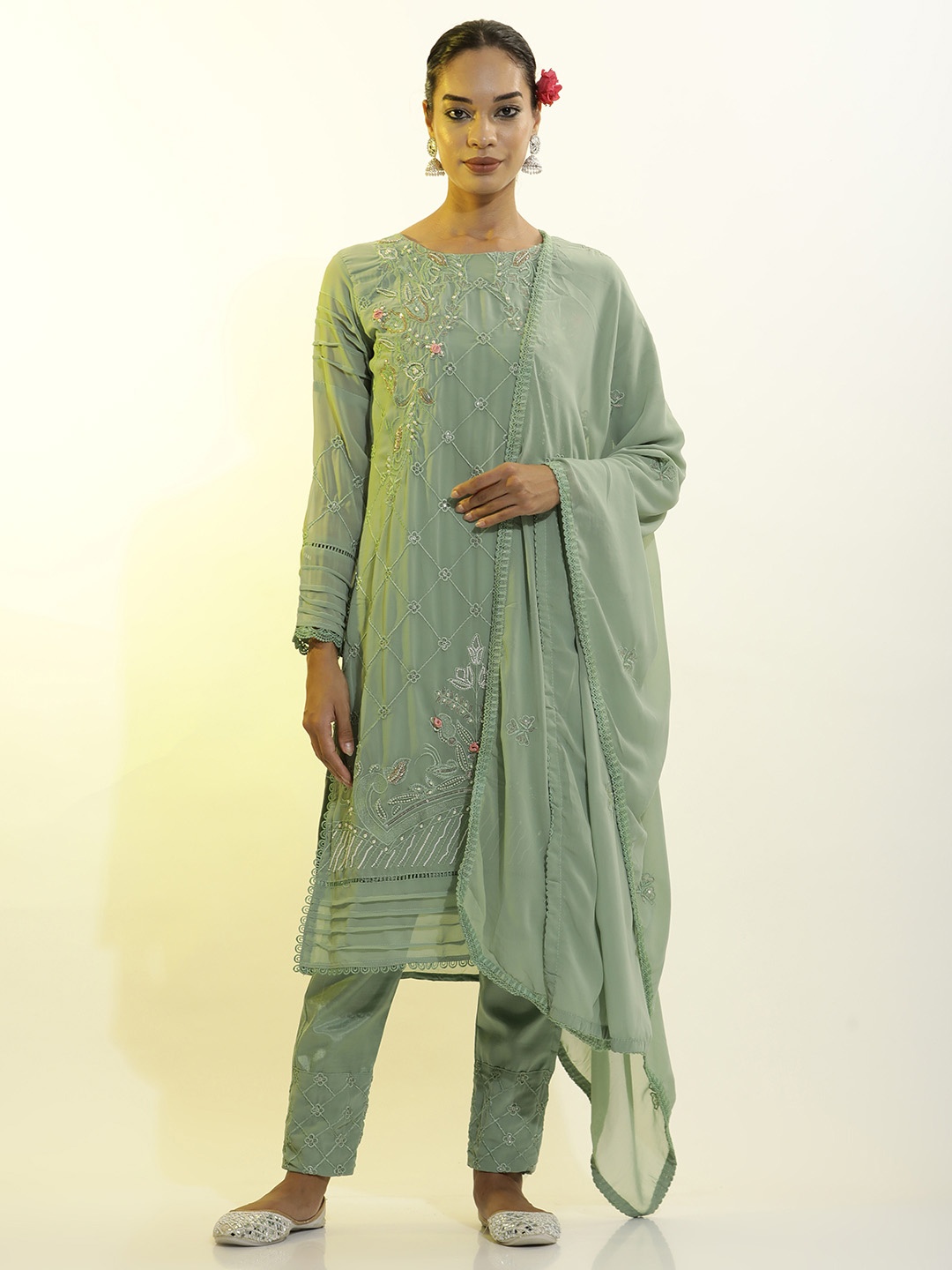 

Jaipur Kurti Festive Embroidered Georgette Kurta Set With Dupatta, Green