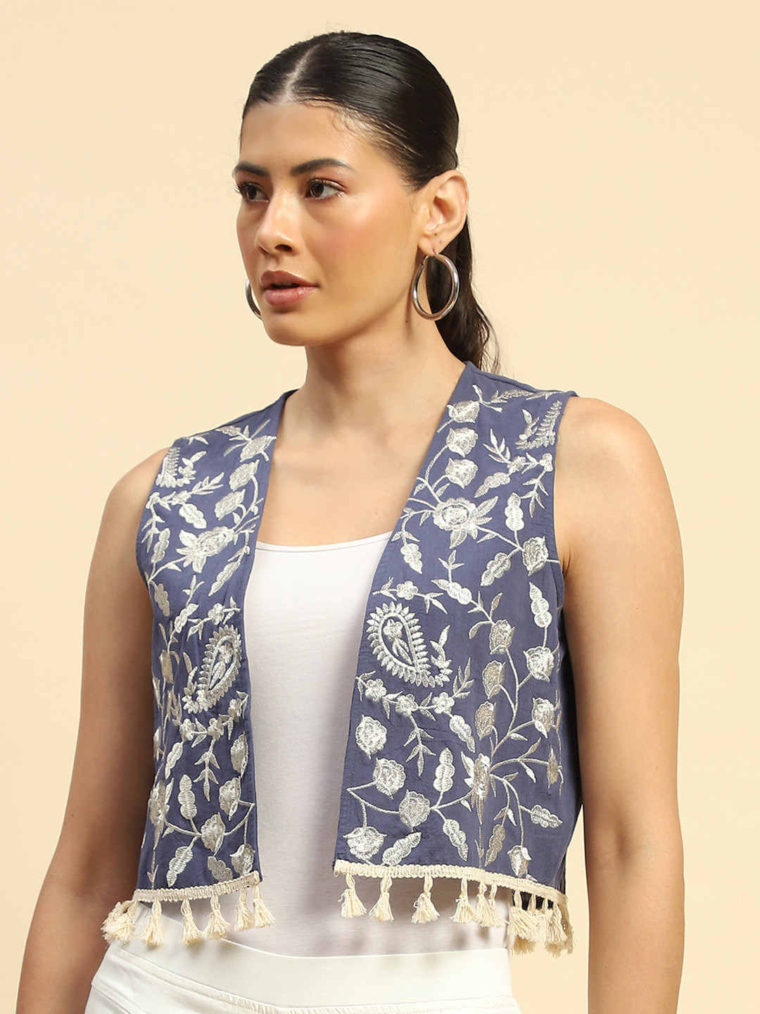 

Global Republic Floral Embroidered Pure Cotton Front Open Waistcoat, Navy blue