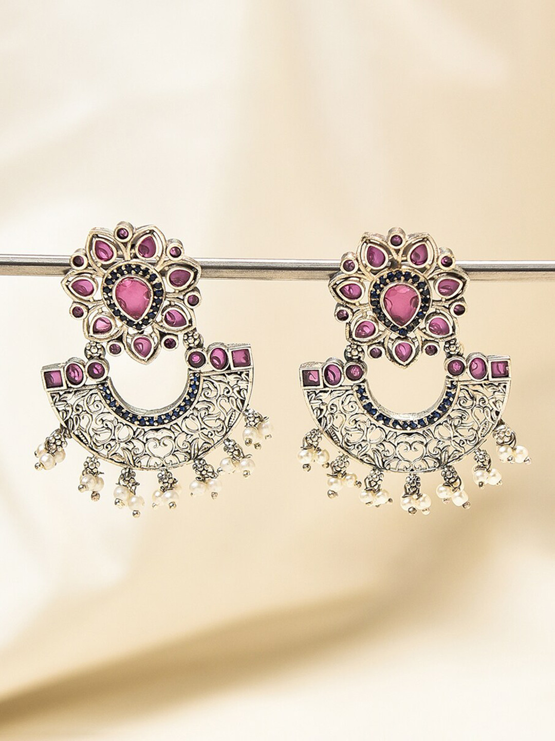 

JAYPORE Silver-Plated Oxidised Contemporary Drop Earrings