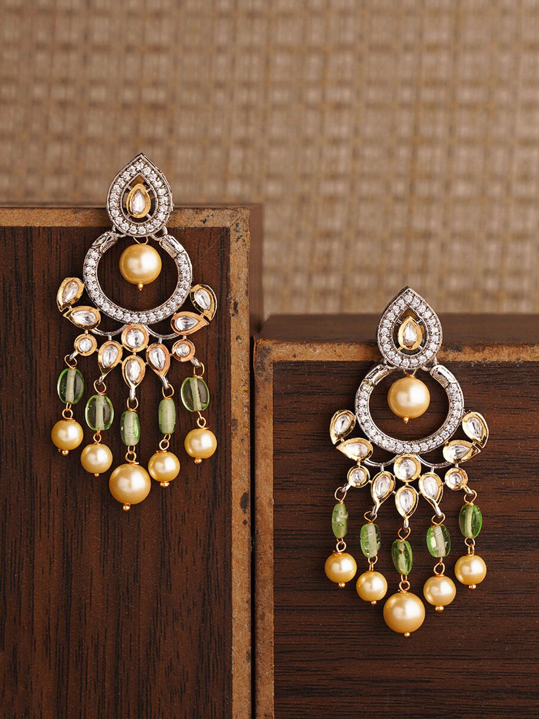 

JAYPORE Stone Studded & Beaded Contemporary Drop Earrings, Gold