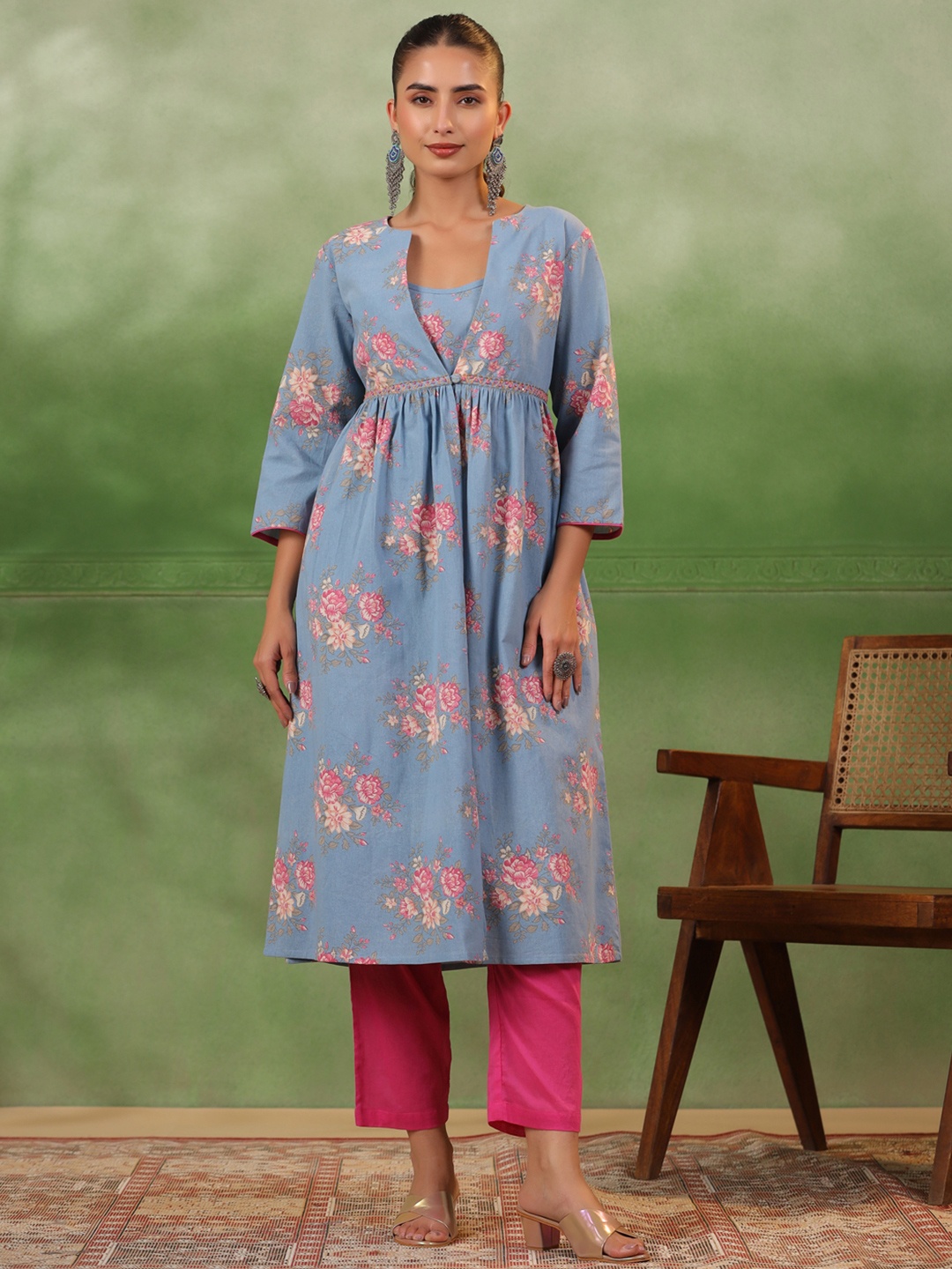 

RangDeep Floral Printed Thread Work Pure Cotton A-Line Kurta with Trousers & Inner Top, Blue