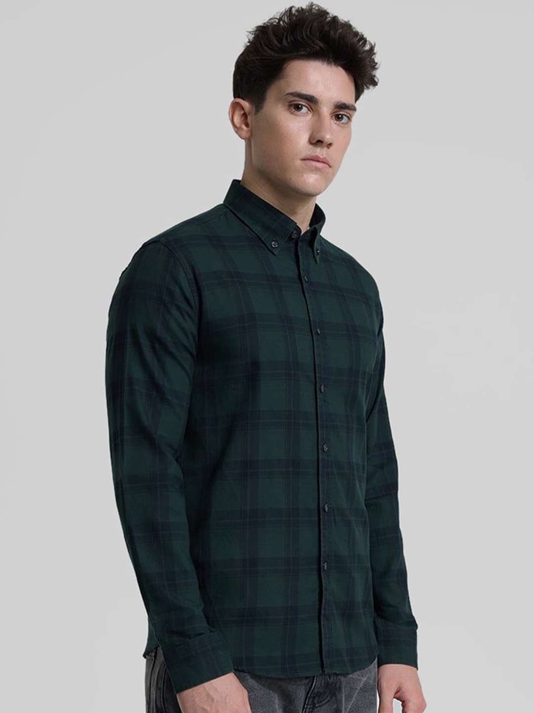 

Snitch Men Smart Button-Down Collar Checked Cotton Slim Fit Casual Shirt, Green