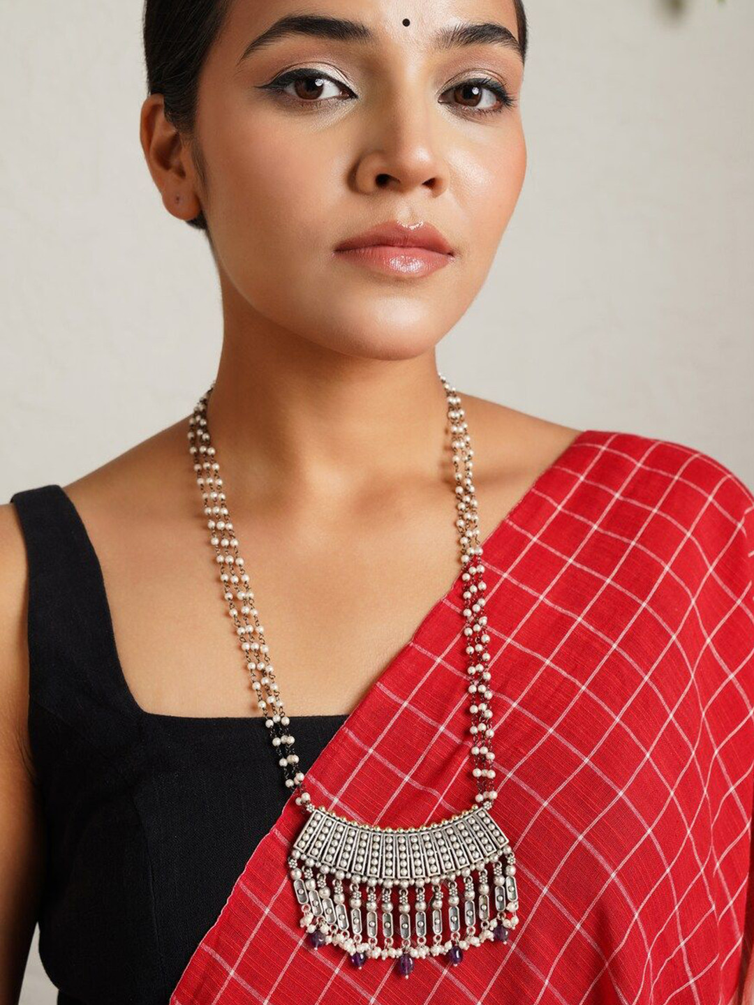 

JAYPORE Beaded Ethnic Necklace, Silver