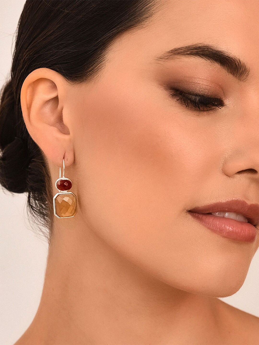 

JAYPORE Silver-Plated Labradorite Studded Geometric Drop Earrings