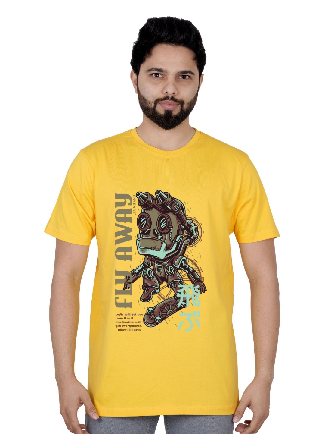 

LA MILANO Men Graphic Printed Round Neck Pure Cotton Slim Fit T-shirt, Yellow