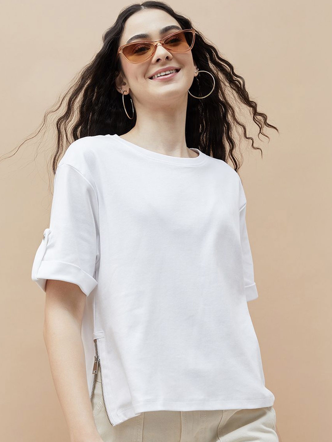 

Fame Forever by Lifestyle Roll-Up Sleeves Cotton Top, White