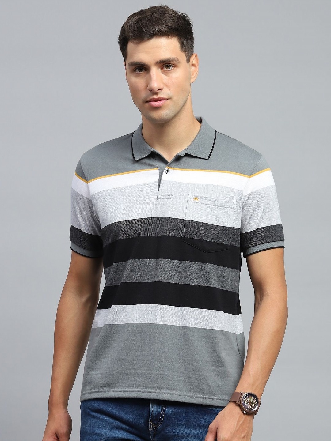 

Monte Carlo Men Striped Polo Collar Cotton T-shirt, Grey