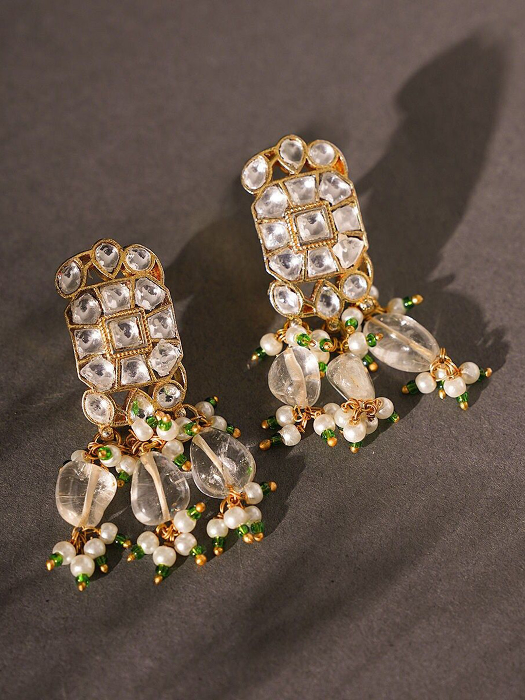 

JAYPORE Silver Stone Studded Contemporary Drop Earrings