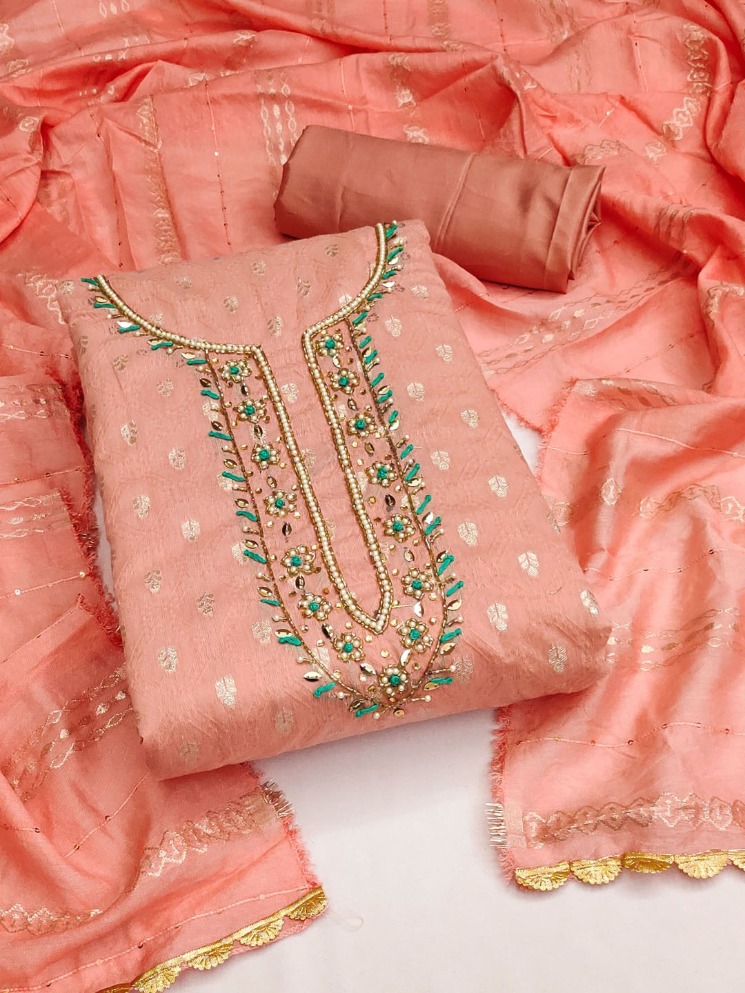 

Maroosh Floral Woven Design Beads and Stones Unstitched Dress Material, Peach