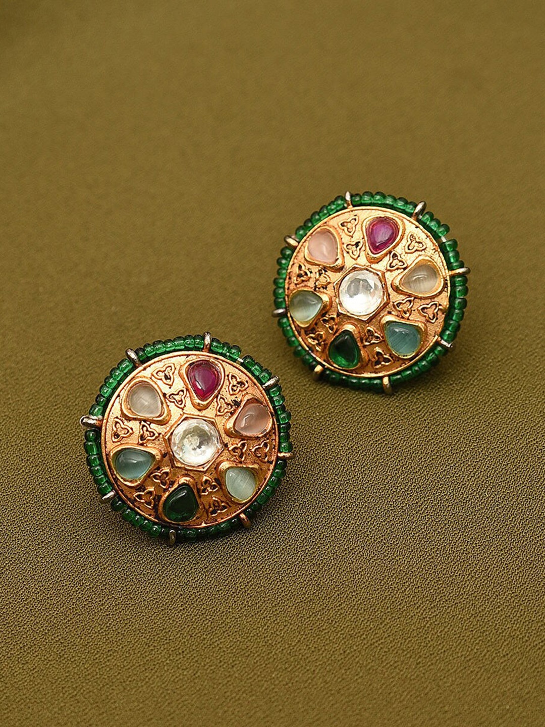 

JAYPORE Gold-Plated Stone Studded & Beaded Studs