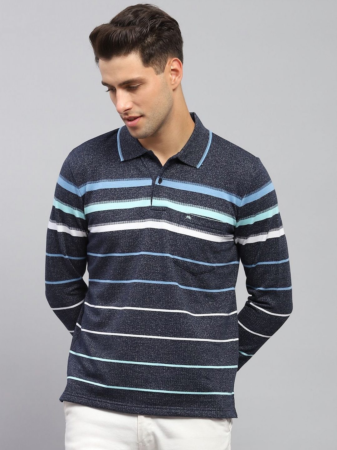 

Monte Carlo Men Striped Polo Collar Cotton T-shirt, Navy blue