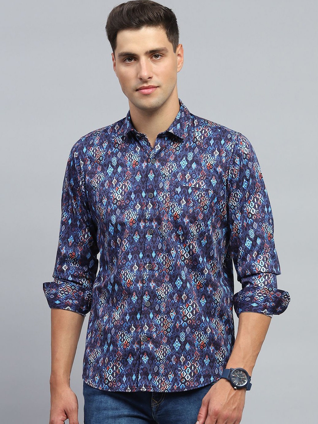 

Monte Carlo Men Spread Collar Floral Printed Cotton Casual Shirt, Blue
