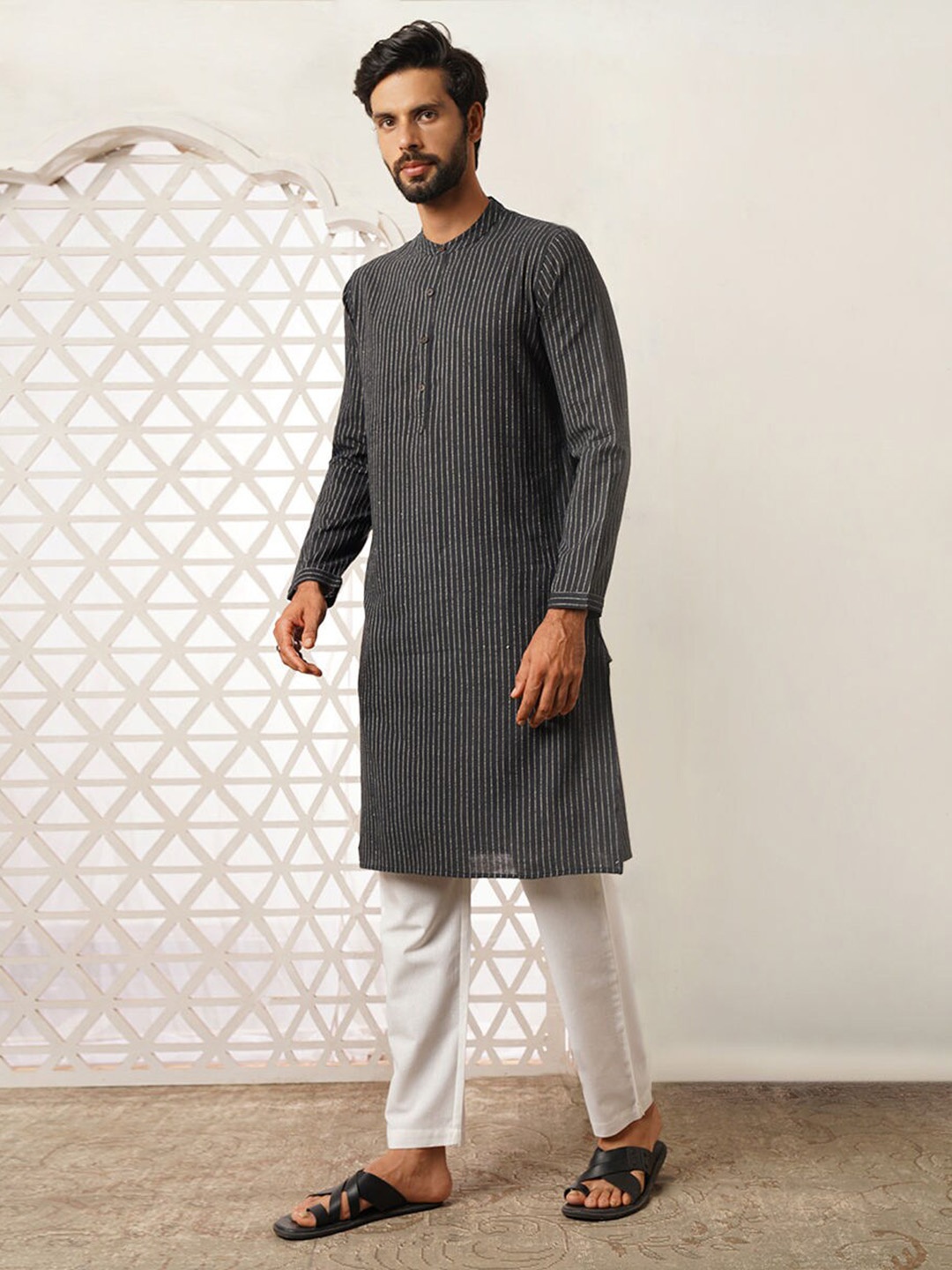 

JAYPORE Striped Printed Thread Work Band Collar Straight Cotton Kurta, Black